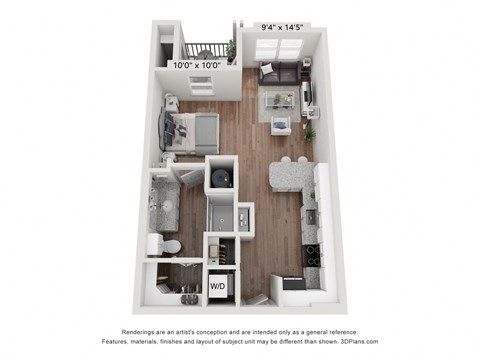 a stylized floor plan with a bedroom and a living room